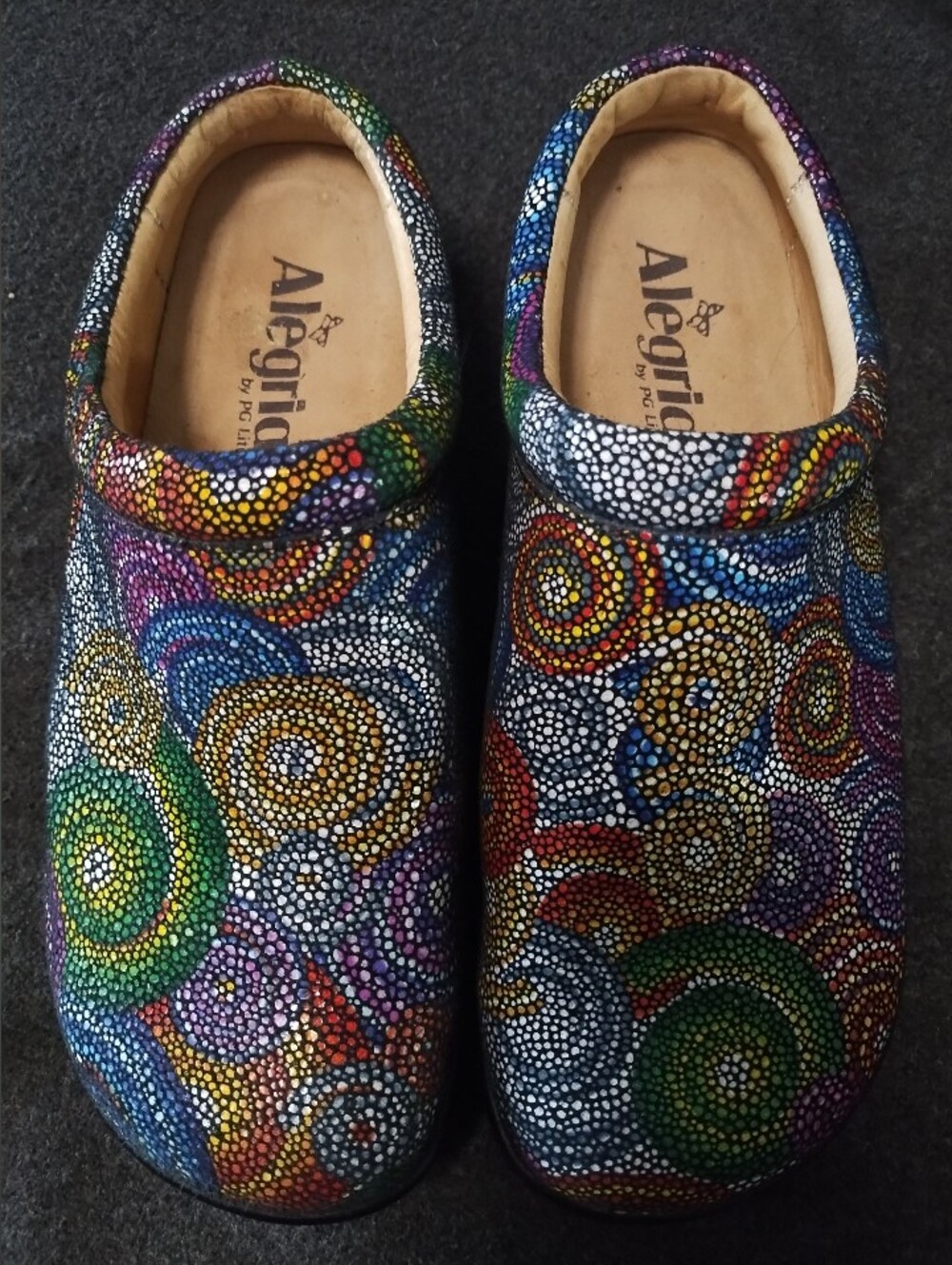 Alegria Kay Slip on Clogs Multi Color Bullseye Size 37 See Size Chart Photo
